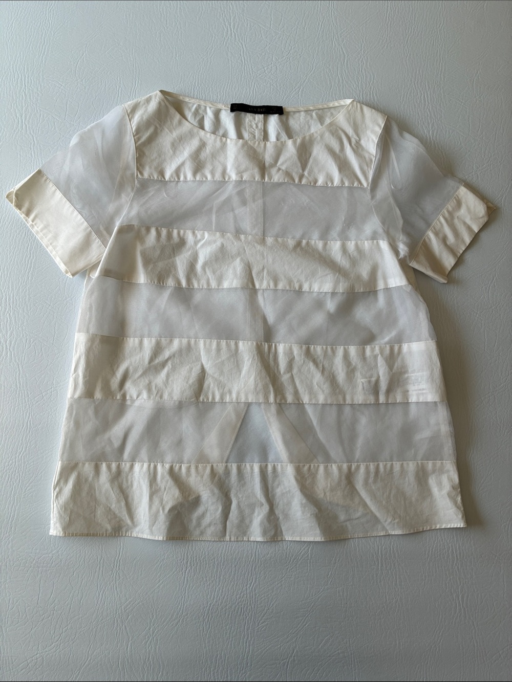 Zara Cream Striped Sheer Panel Short-Sleeve Top